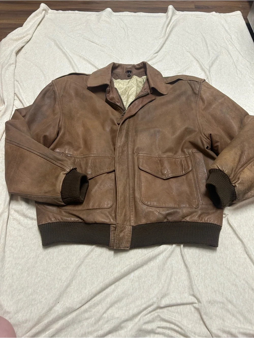 Vintage Leather Bomber Jacket Double Zip New Zealand Opossum Lined Aviator